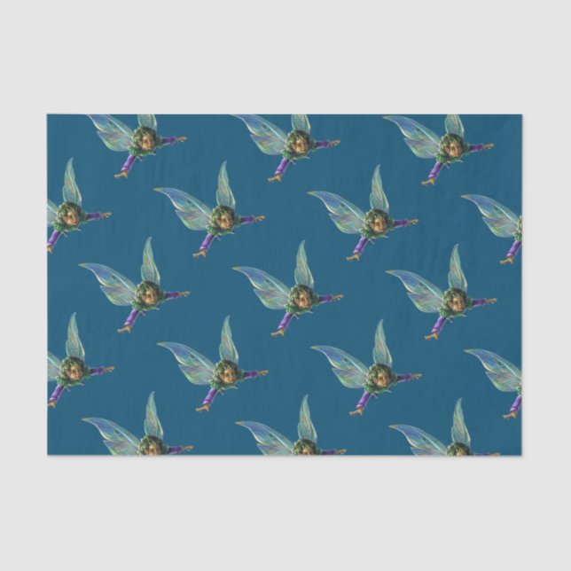 Papel De Seda Hadas del Bosque Patrón en Azul (Anverso)