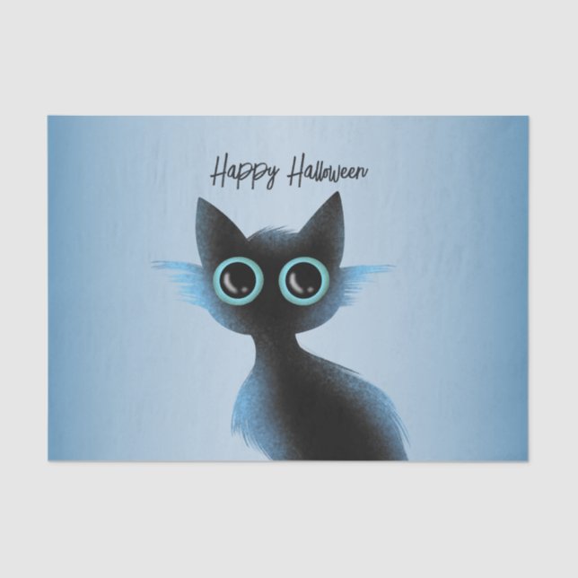 Papel De Seda Halloween Big Eyes Black Blue Evil Cat (Anverso)