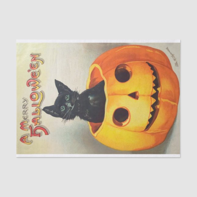 Papel De Seda Halloween de época lindo gato negro amigable (Anverso)