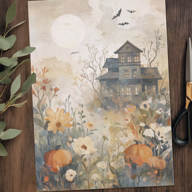 Papel De Seda Halloween de la casa de acuarela (Watercolor Haunted House Tissue Paper)
