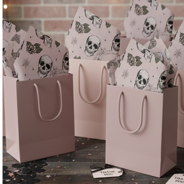 Papel De Seda Halloween de pequeño cráneo de flor rosada de Rubo (Blush Pink Gothic Halloween Vintage Floral Skull Tissue Paper. Flowers & Skull Chic Pattern For Her)