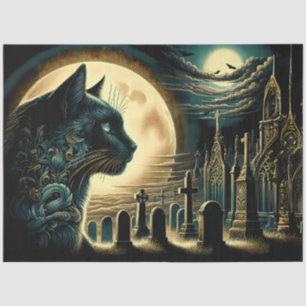 Papel De Seda Halloween del Gato Negro y el Cementerio Gótico