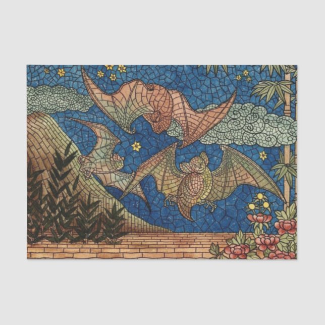 Papel De Seda Halloween Elegante Blue Gold Mosaic Bat Hermoso (Anverso)