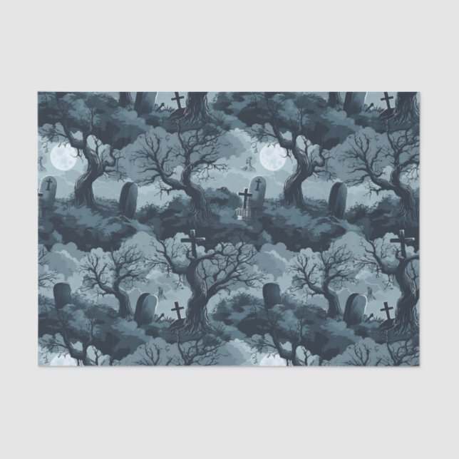 Papel De Seda Halloween Graveyard Creepy Treepy Ghost Moon Night (Anverso)