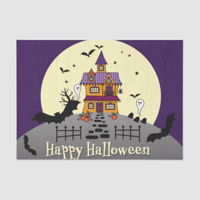 Papel De Seda Halloween Hauned House Black Bat Full Moon Purple (Anverso)