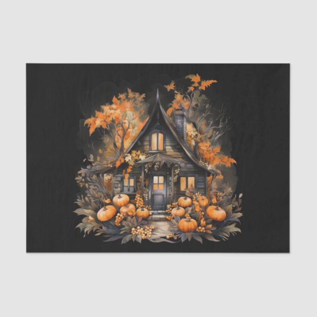 Papel De Seda Halloween Haunted House con calabazas y follaje (Anverso)
