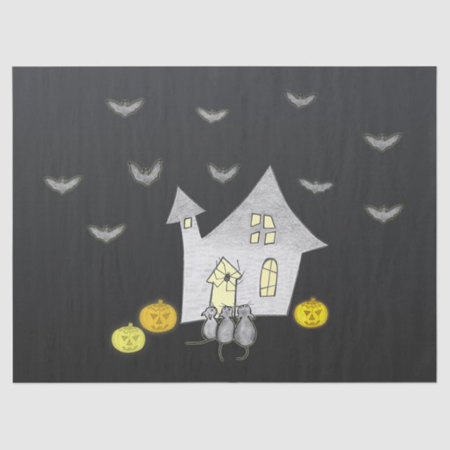 Papel De Seda Halloween House, gatos negros, murciélagos, calaba (Anverso)
