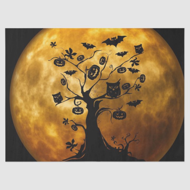 Papel De Seda Halloween Naranja Moon Pumpkins Owings Scary Tree (Anverso)
