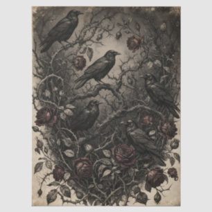 Papel De Seda Halloween Romántico Gótico Cuervos y Rosas Rojas
