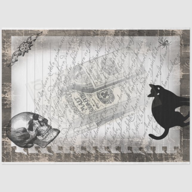 Papel De Seda Halloween Skull y Black Cat Script Ephemera (Anverso)