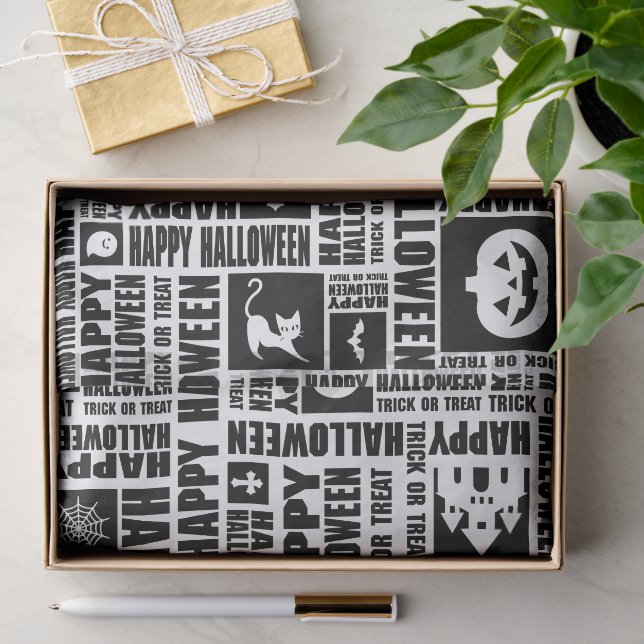 Papel De Seda Halloween Whimsical Guay Typography Pattern Black (Regalo )