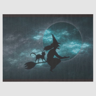 Papel De Seda Halloween Witch Cat Broom Moon Clouds