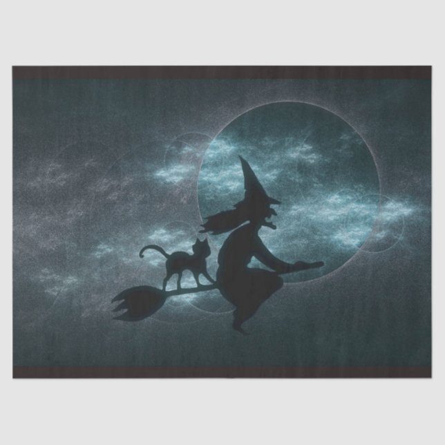 Papel De Seda Halloween Witch Cat Broom Moon Clouds (Anverso)