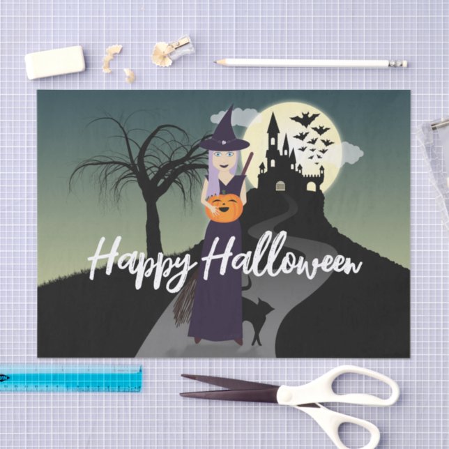Papel De Seda Halloween Witch Pumpkin Black cat Tu texto (Artesanía)