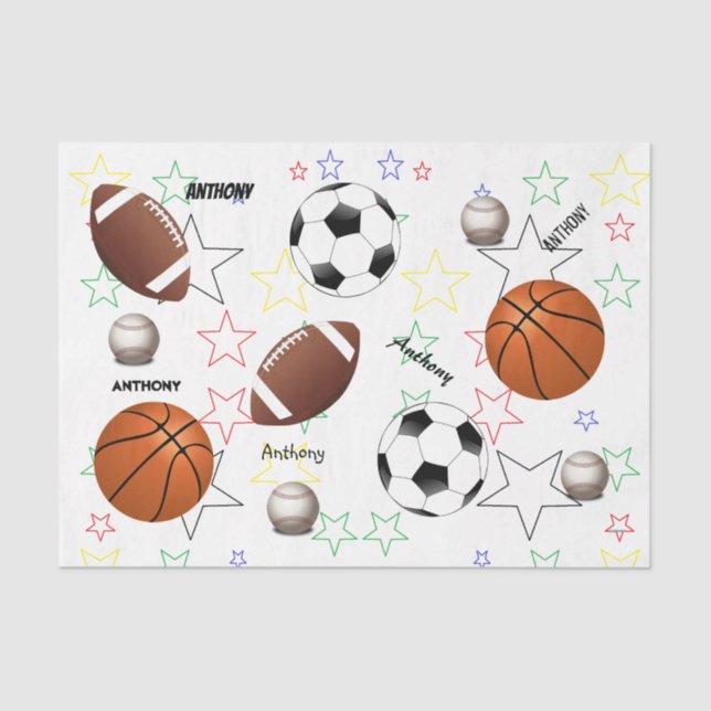 Papel De Seda HAMbyWG Sports Balls con estrellas y nombre - (Anverso)