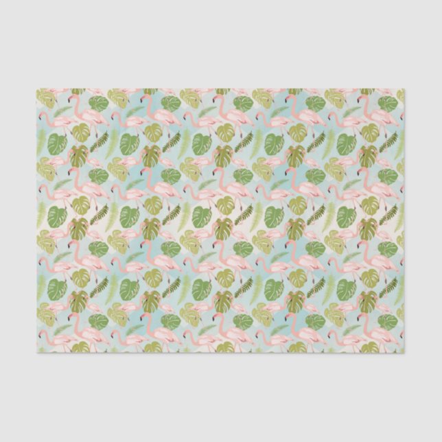 Papel De Seda Hand drawn pink flamingo and monstera leaves. Seam (Anverso)