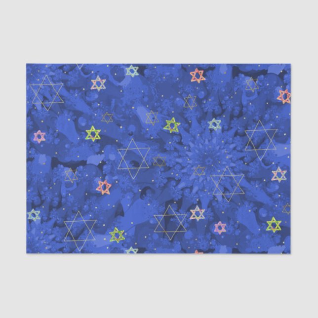 Papel De Seda Hanukkah Blue Gold Star of David Pattern (Anverso)