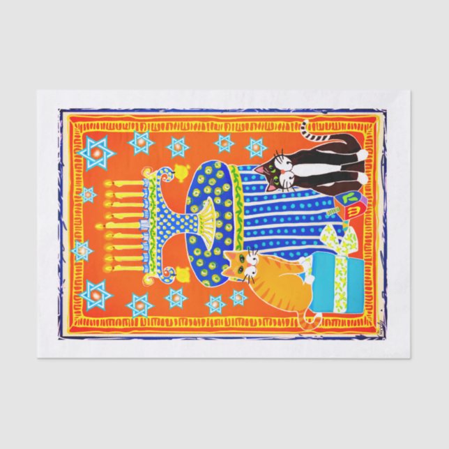 Papel De Seda Hanukkah con 2 gatos, Menorah, Dreocito, Holiday C (Anverso)