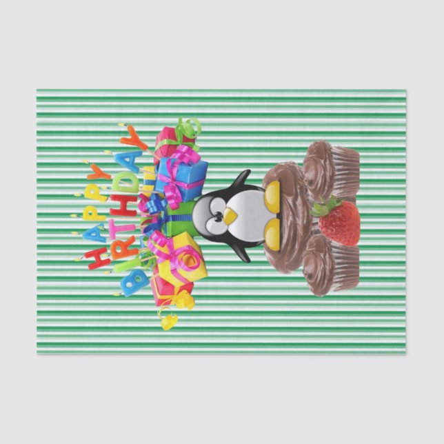 Papel De Seda Happy Birday Tissue Paper Stripe Penguin (Anverso)