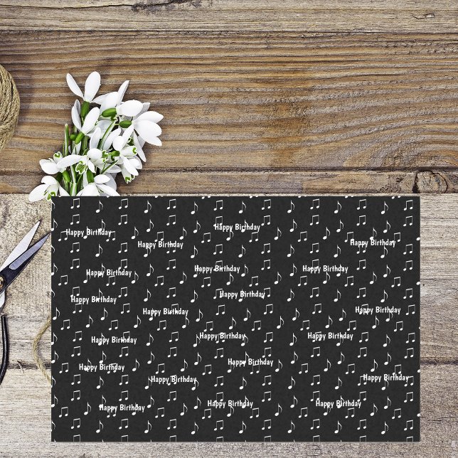 Papel De Seda Happy Birthday Musical Black White Thonces (Black and white music theme Happy Birthday with white music notes on tissue gift wrap paper.)