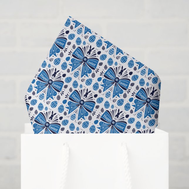 Papel De Seda Happy Easter Blue Bow Folk Art Bunny & Eggs Spring (Bolsa de regalo)