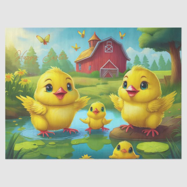 Papel De Seda Happy Easter Yellow Chicks in a Pond by a Red Barn (Anverso)