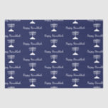 Papel De Seda Happy Hanukkah Simple Menorah Pattern Blue<br><div class="desc">Papel de tejidos del Hanukkah Blue Holiday feliz,  con un sencillo patrón de menorah blanca y diseño de tipografía de escritura. Con letras en personalizable blanco,  puede añadir su propia información. Un artículo festivo para enviar regalos especiales y favores esta temporada.</div>
