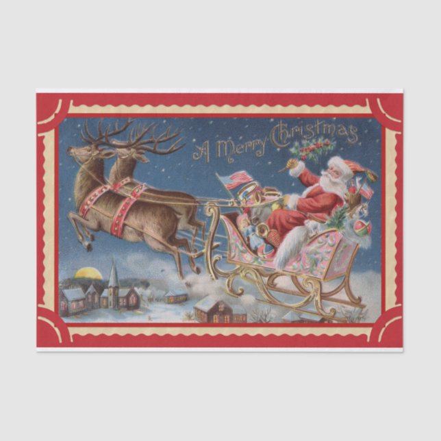 Papel De Seda Happy Santa Claus in His Sleigh with Reindeers (Anverso)