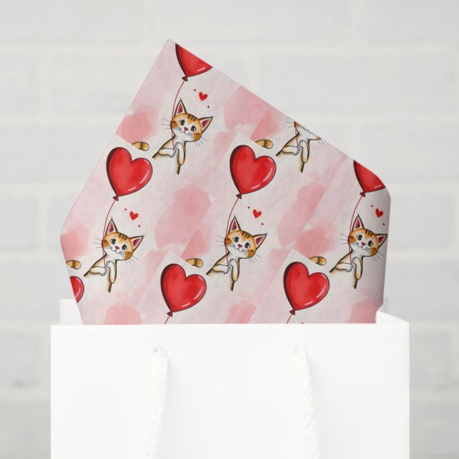 Papel De Seda Happy Valentine's Day Tissue Paper Cat Red Hearts (Bolsa de regalo)
