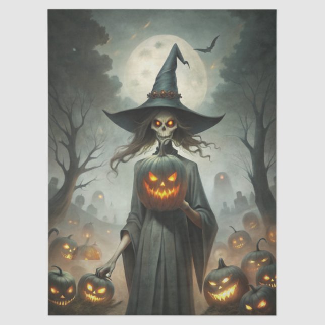 Papel De Seda Haunting Fantasy Gothic Witch, Pumpkins & Moon (Anverso)