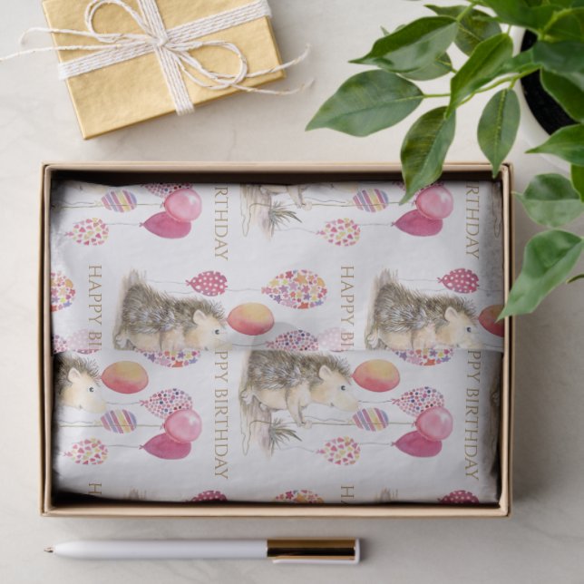 Papel De Seda Hedgehog con globos rosados Feliz cumpleaños (Regalo )
