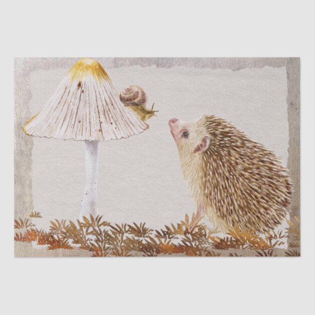 Papel De Seda Hedgehog Snail Forest Mushroom Watercolor (Anverso)