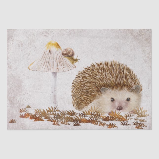 Papel De Seda Hedgehog Snail Forest Mushroom Watercolor (Anverso)