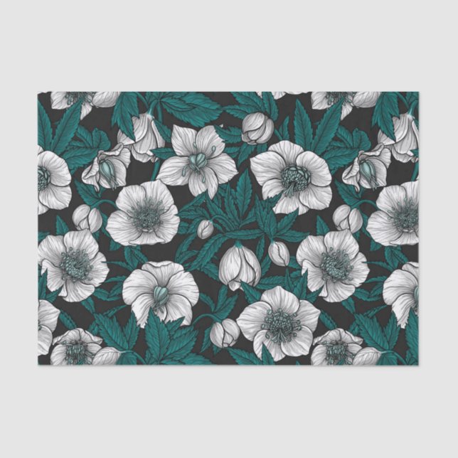 Papel De Seda Hellebores blancos con hojas azules (Anverso)