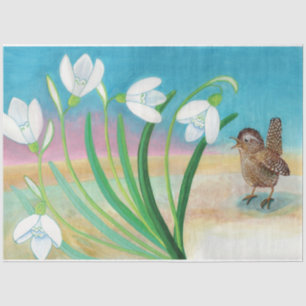 Papel De Seda Heraldas de primavera - Pájaro Wren y gotas de nie