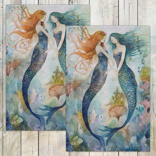PAPEL DE SEDA HERMADAS HERMANAS CAPRICHOSAS DECOUPAGE (WHIMSICAL MERMAID SISTERS DECOUPAGE TISSUE PAPER)