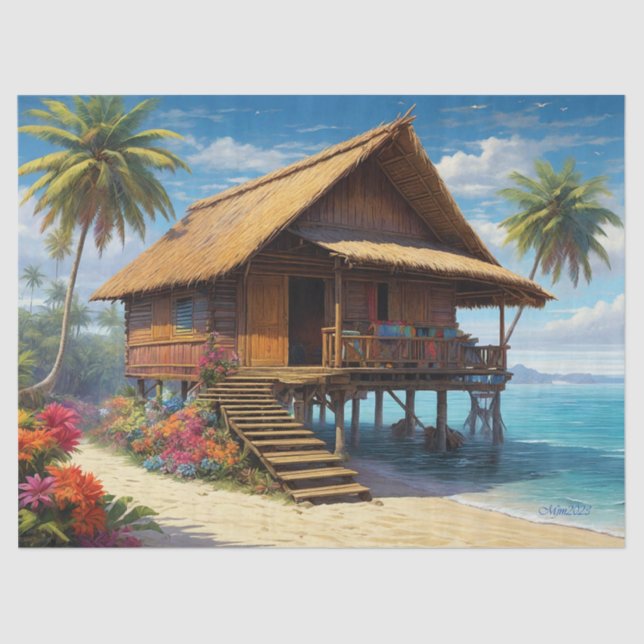 Papel De Seda Hermosa Casa De Bambú En La Playa De Las Islas Tro (Anverso)