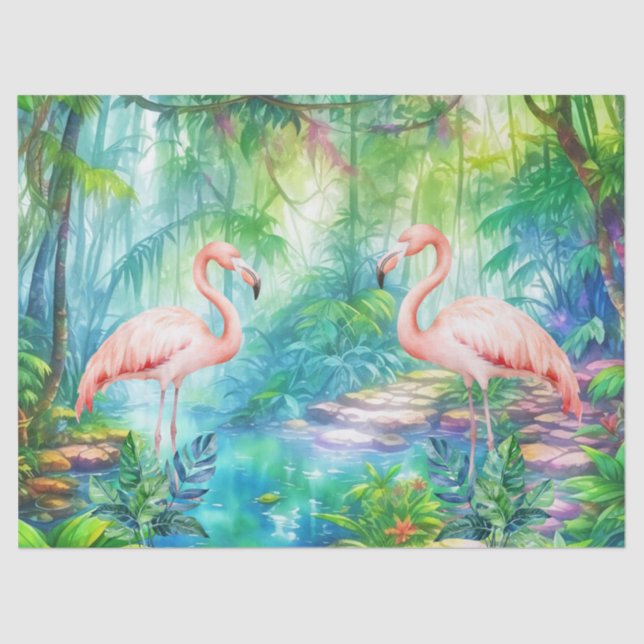 Papel De Seda Hermosa Decoración De Flamencos Rosados Tropicales (Anverso)