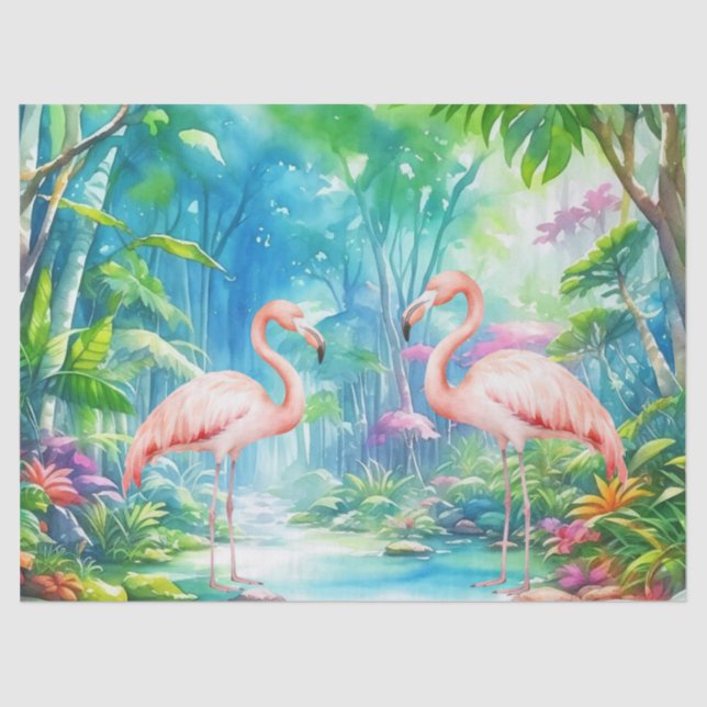 Papel De Seda Hermosa Decoración De Flamencos Rosados Tropicales (Anverso)