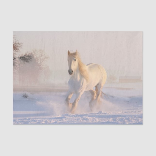 Papel De Seda Hermosa Gallopaje de Caballo Blanco en la Nieve (Anverso)