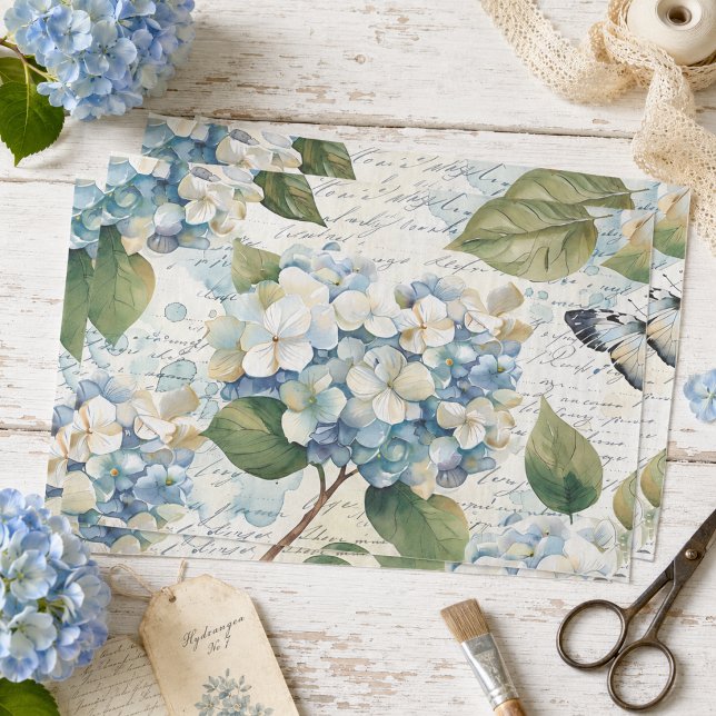 Papel De Seda Hermosa Hydrangea Azul Ephemera Letra Decoupage (Subido por el creador)