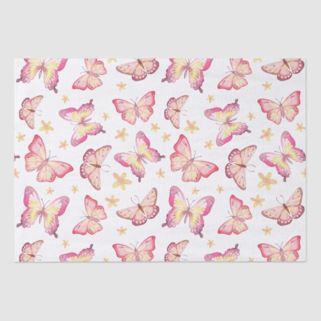 Papel De Seda Hermosa mariposa rosa y flor amarilla (Anverso)