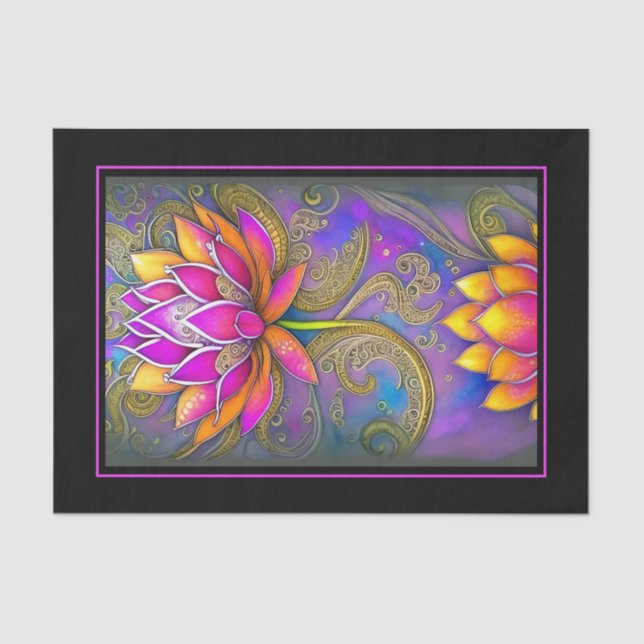 Papel De Seda Hermosa Naranja rosa vibrante Ornate Lotus Flowers (Anverso)