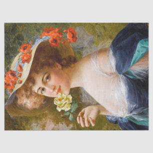 Papel De Seda Hermosa Señora Vintage En Flor Rosa Amarilla Azul