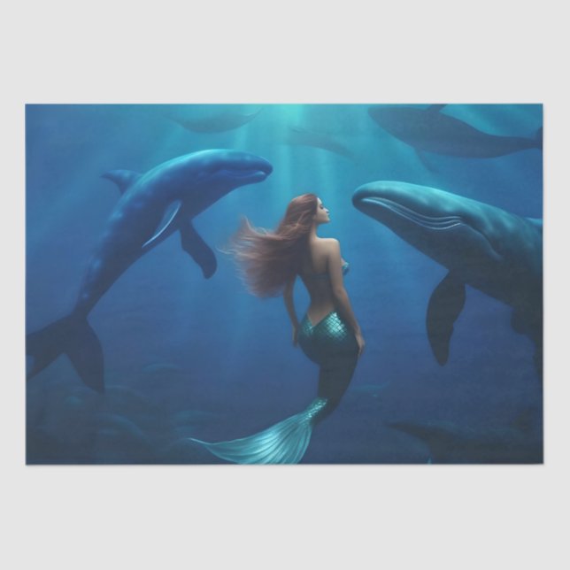 Papel De Seda Hermosa Sirenita Nadando Con Ballenas jorobadas, (Anverso)