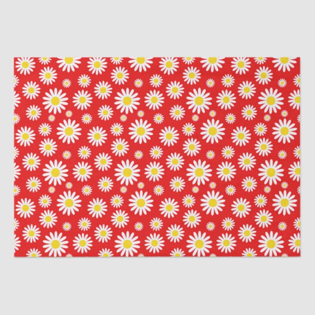 Papel De Seda Hermosas Margaritas Blancas de Verano sobre Rojo (Anverso)