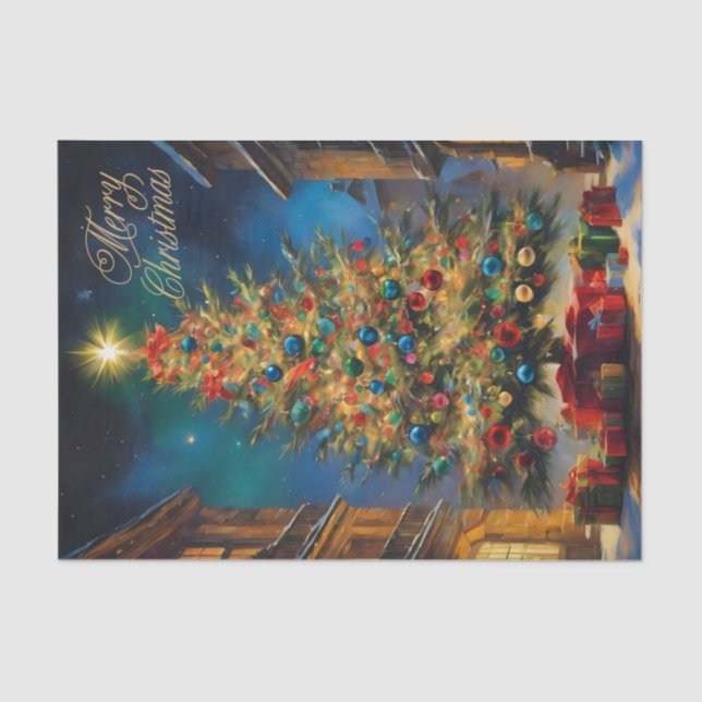 Papel De Seda Hermoso árbol de Navidad de época con regalo (Anverso)