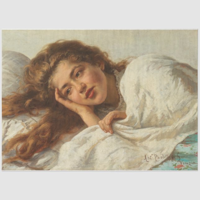 Papel De Seda Hermoso Chica en cama con pelo rojo (Anverso)