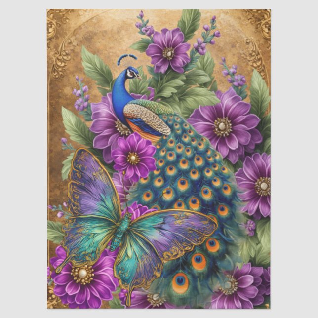 Papel De Seda Hermoso Decoupage de Pavón Floral (Anverso)