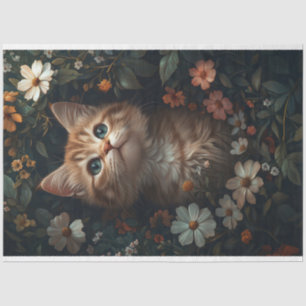Papel De Seda Hermoso gatito naranja con decoupage de flores sil